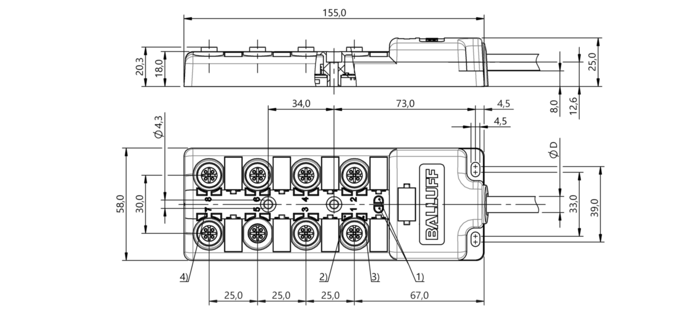 Распределительная коробка Balluff BPI 8M4A5N-2K-B0-KPXL0-150