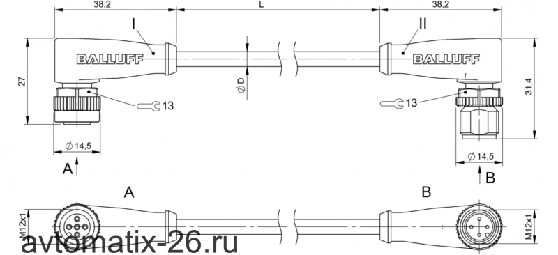 Соединительный кабель Balluff BCC M425-M424-3A-650-PW3434-100